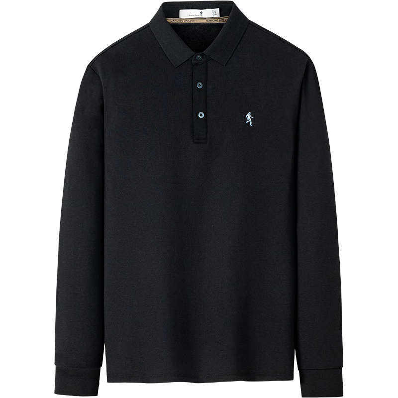 DANCING WOLVES Fleece-Lined Autumn Winter Fashion Business Casual Men's Long Sleeve Polo Shirt 001 Black 170