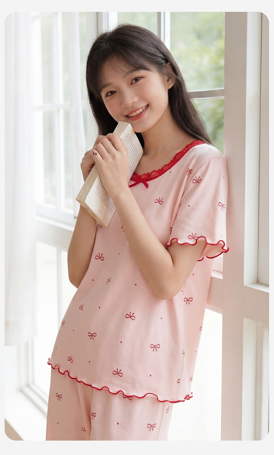 Dingguagua Children's Short Sleeve Cotton Summer Pajama Set A-Class Breathable Big Girl Homewear Two-Piece Pink Size 130 12