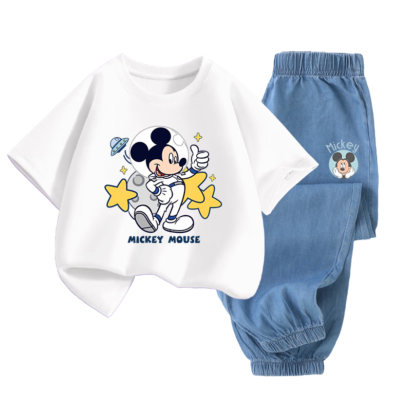 Disney Kids Short Sleeve Set Boys and Girls Cotton Short Sleeve Tencel Jeans Space T White + Chin Rest K Dark Blue 110