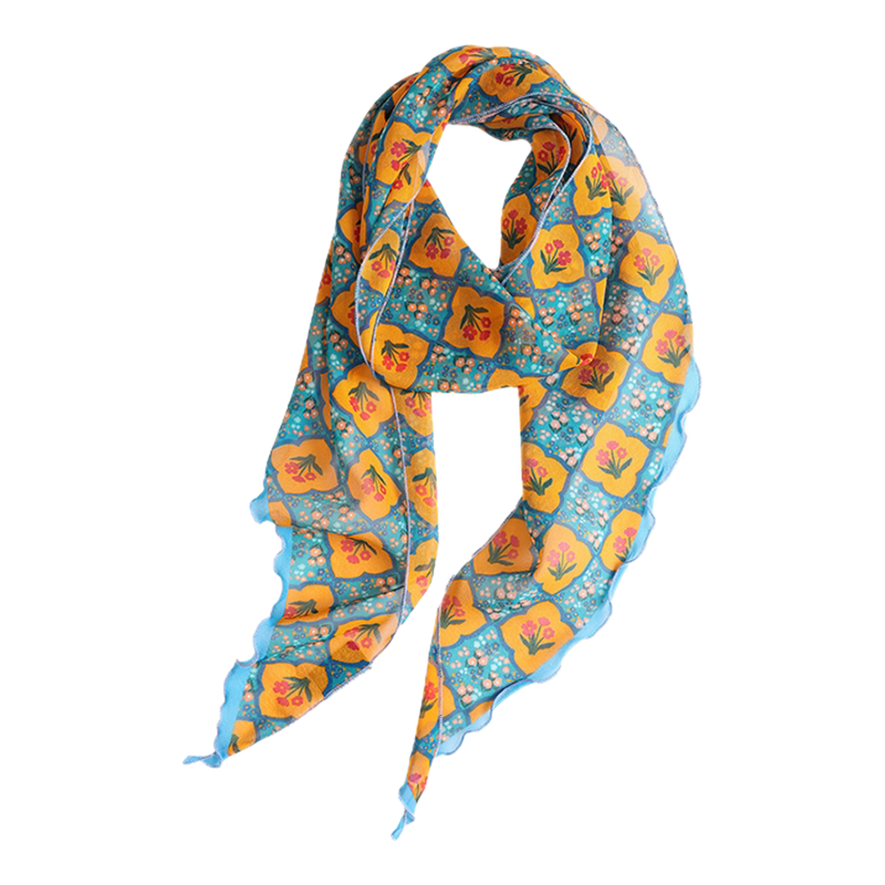 Lagur Shen Yue Edition "Baoxiang Small Red Flower" Silk Long Ribbon Scarf Neck Tie for Women Green Orange