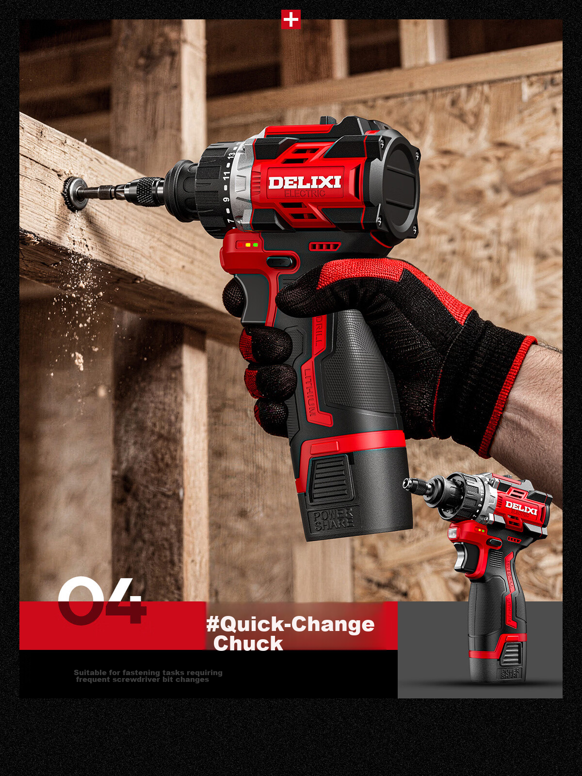 Delixi Electric Multifunctional 16.8V Brushless Lithium Battery Cordless Handheld Drill with Quick-Change Chuck and Toolbox 13