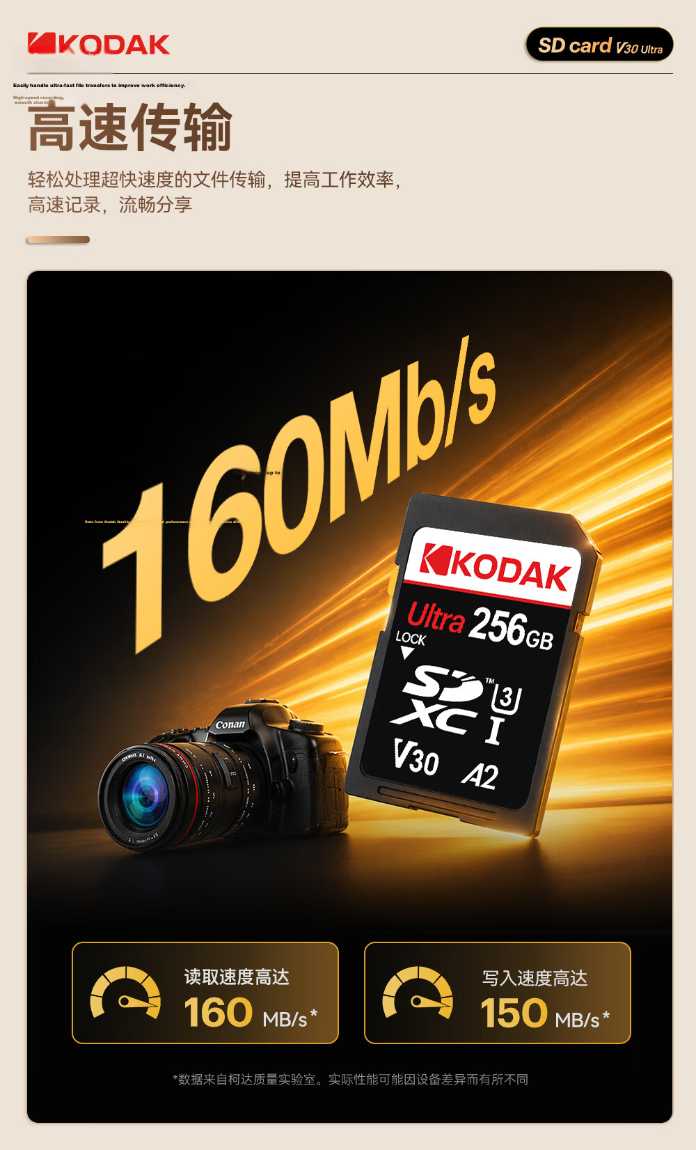KODAK 256GB SD Memory Card 4K V30 U3 A2 Camera Storage Card 160MB/s Read 150MB/s Write for Mirrorless/DSLR Cameras 4