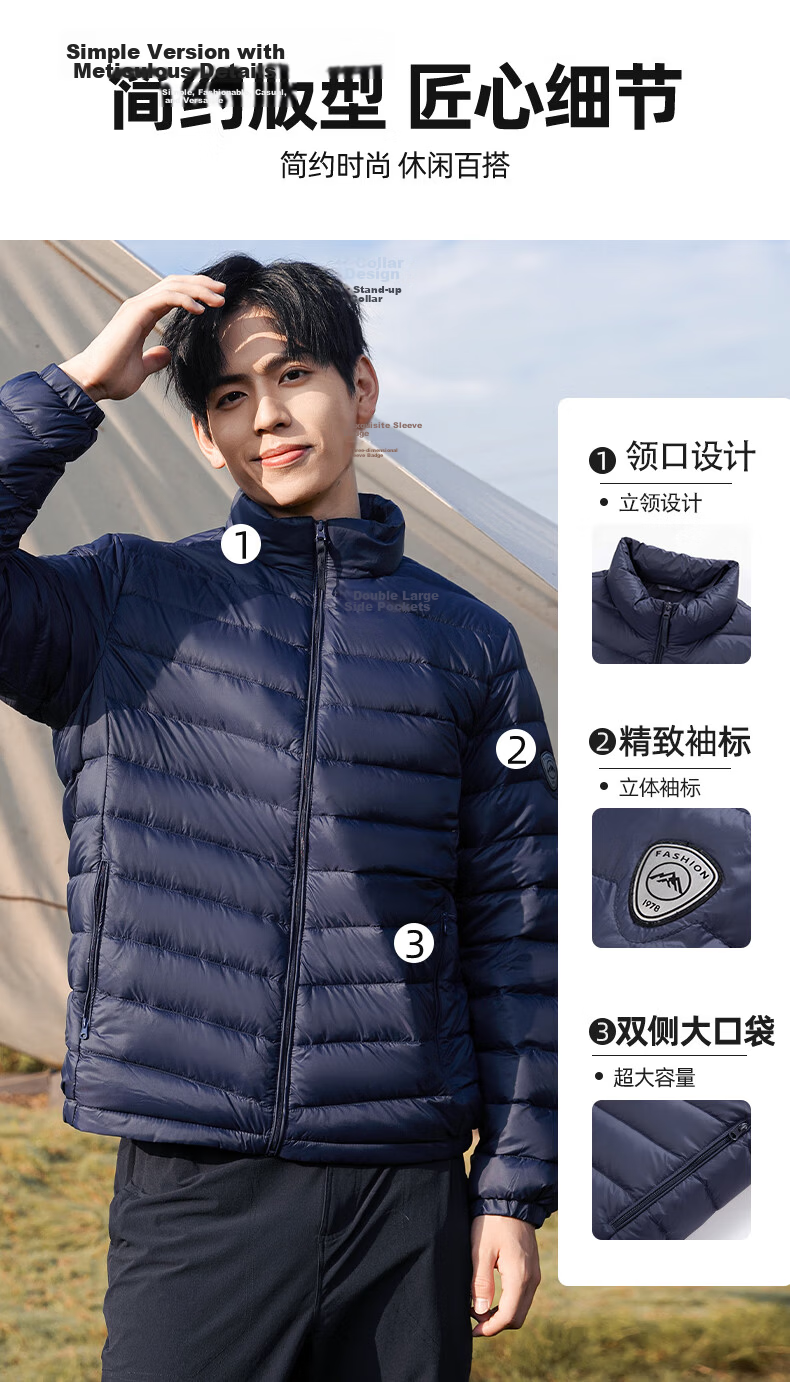 ROMON Men's Lightweight Down Jacket, Stand Collar, Short Style, Autumn New Fashion, Versatile Warm Inner and Outer Wear, Gray, Size 185 2