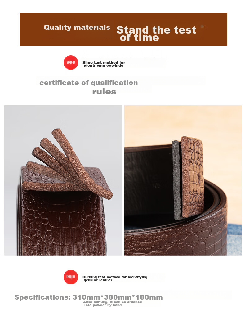Cattlesboss Men's Belt, Alligator Pattern, Top-Grain Leather, Pin Buckle with Copper Clasp, 1986 Gift for Dad, Dark Brown, 110cm 10