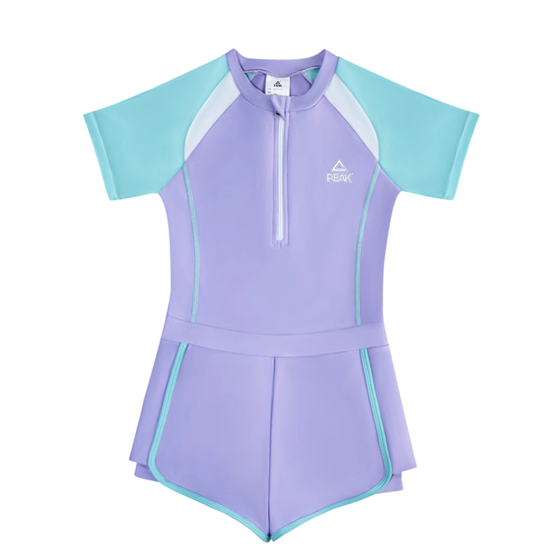 PEAK Girls' Color Block Short-Sleeve One-Piece Swimsuit, Conservative Casual Style, Purple, Size 120