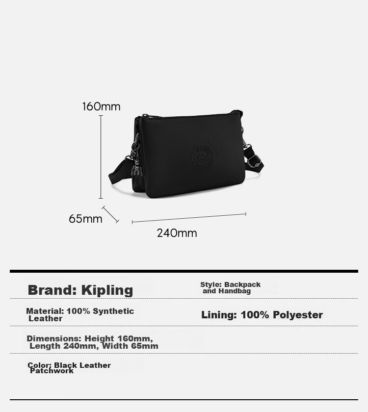 Kipling PAKA RIRI Black Leather Patchwork Durable Triple-Layer Shoulder Crossbody Bag Birthday Gift 2