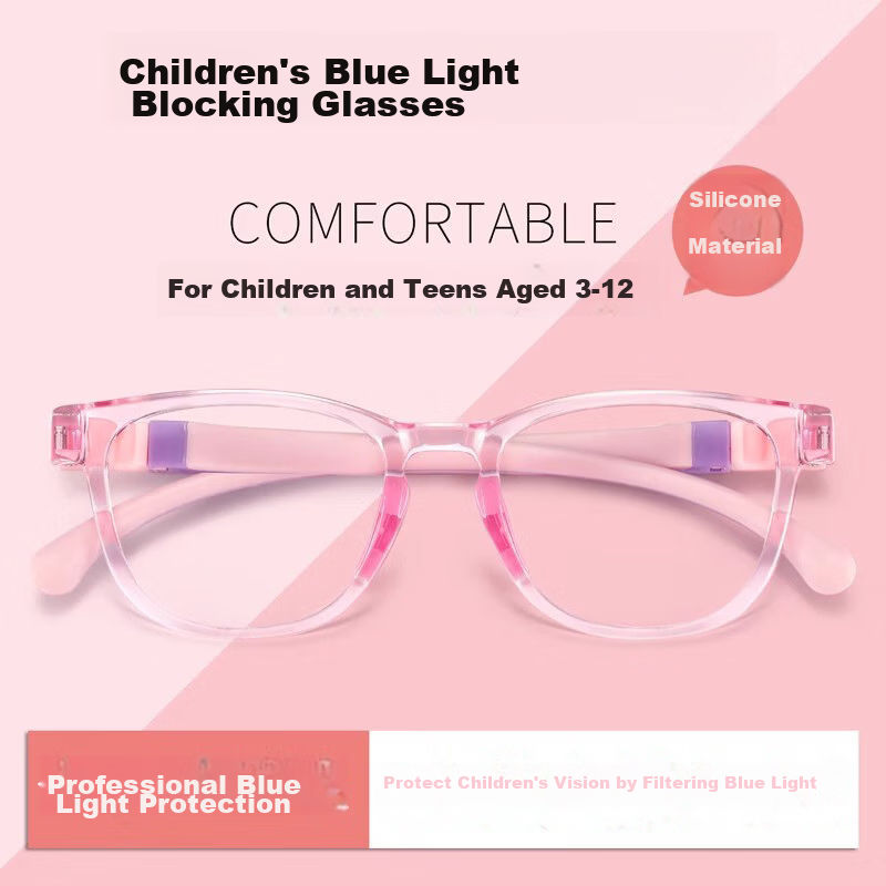 Liangshihui Blue Light Blocking Glasses for Kids Anti-Radiation Anti-Fatigue Myopia Prevention Online Class Protective Eyewear Pink Frame Purple Temples