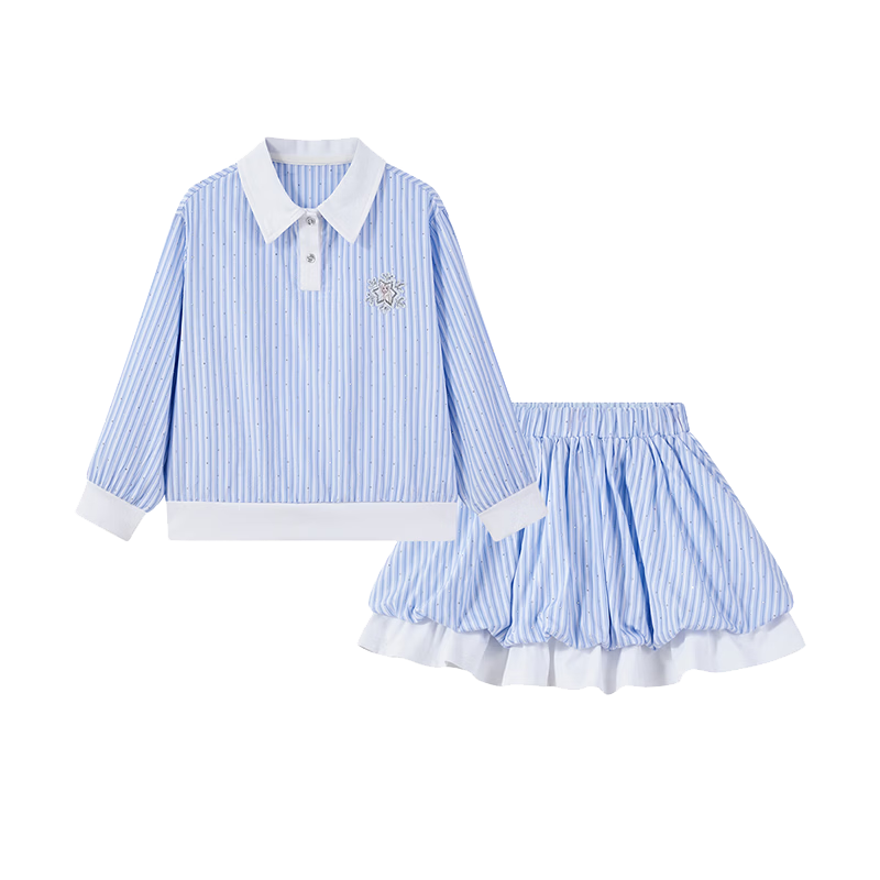 Disney Girls' Kids' Spring Autumn 2026 New Stylish Casual Striped Shirt Long Sleeve Skirt Two-Piece Set
