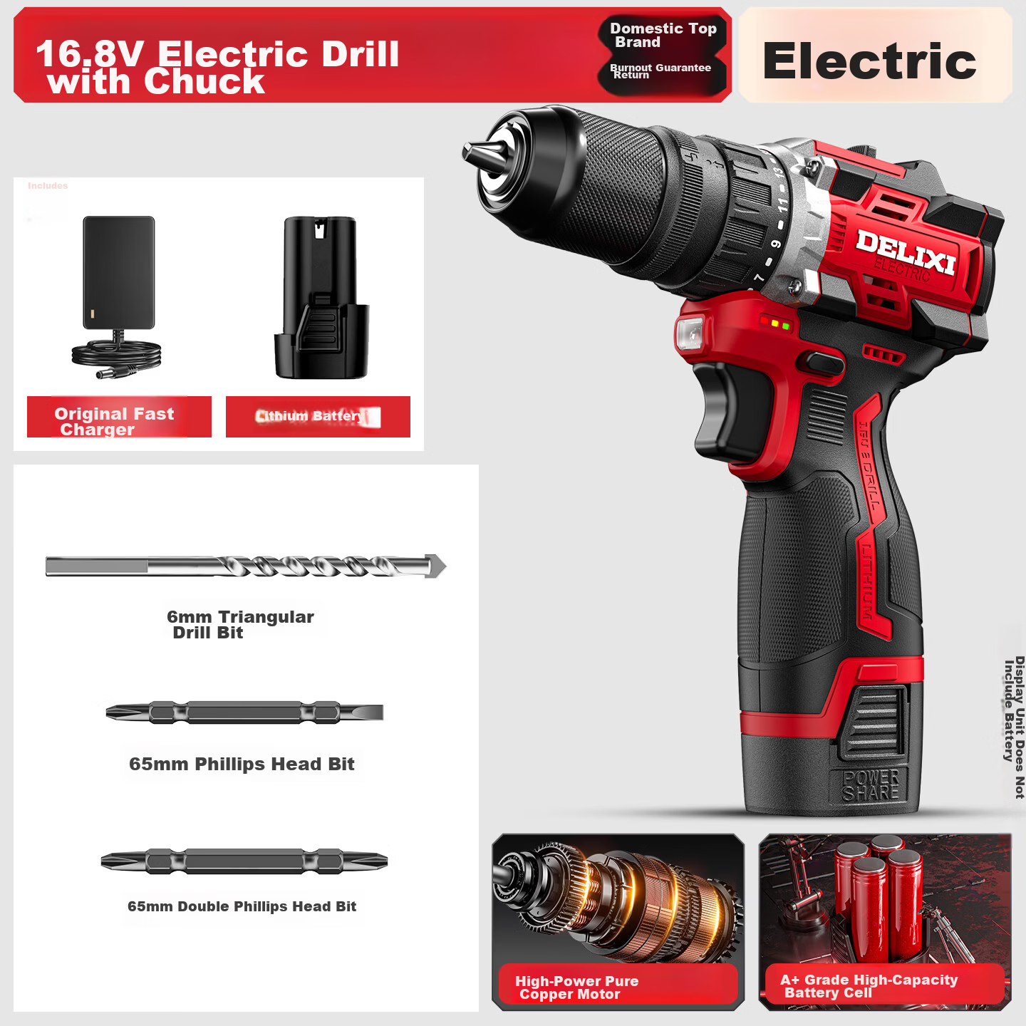 Delixi Electric Multifunctional 16.8V Brushless Lithium Battery Cordless Handheld Drill with Quick-Change Chuck and Toolbox