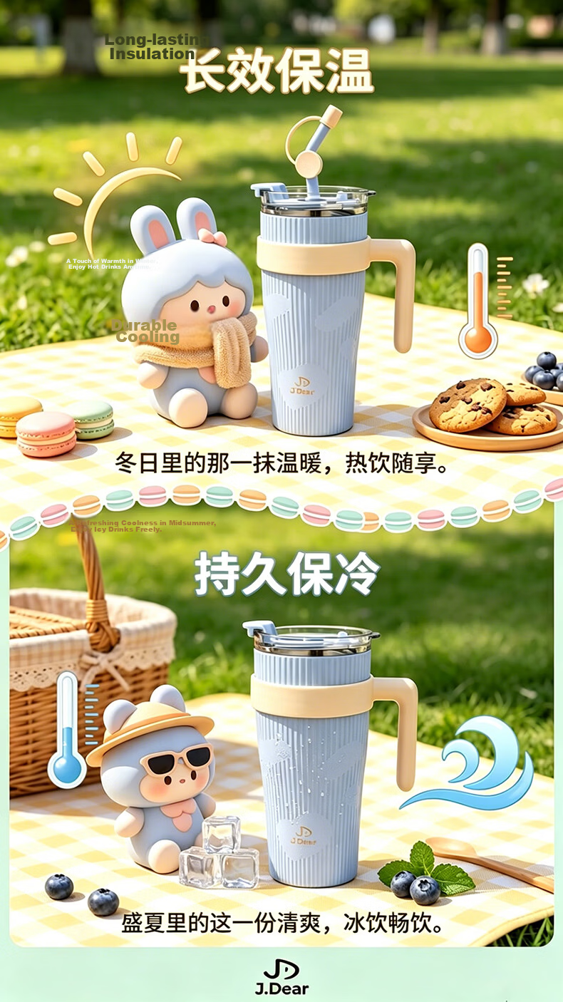 JDEAR 316L Stainless Steel Inner Core Energy Straw Cup Insulated Thermal and Cold Ice Mug Large Capacity Direct Drinking Cup 1.25L 7