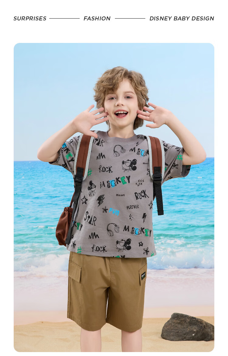 Disney Kids Boys and Girls Short Sleeve Set 2026 Summer New Children's Pure Cotton Casual Set Off-White 110 13