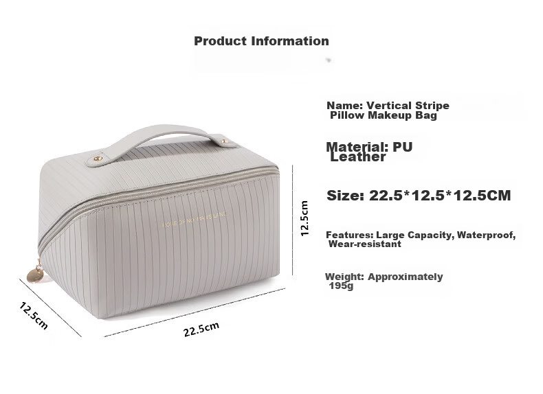 Qinxin Muyi New Vertical Stripe Pillow Cosmetic Bag Large Capacity Ins Popular Travel Makeup Storage Bag Toiletry Bag Gray 6