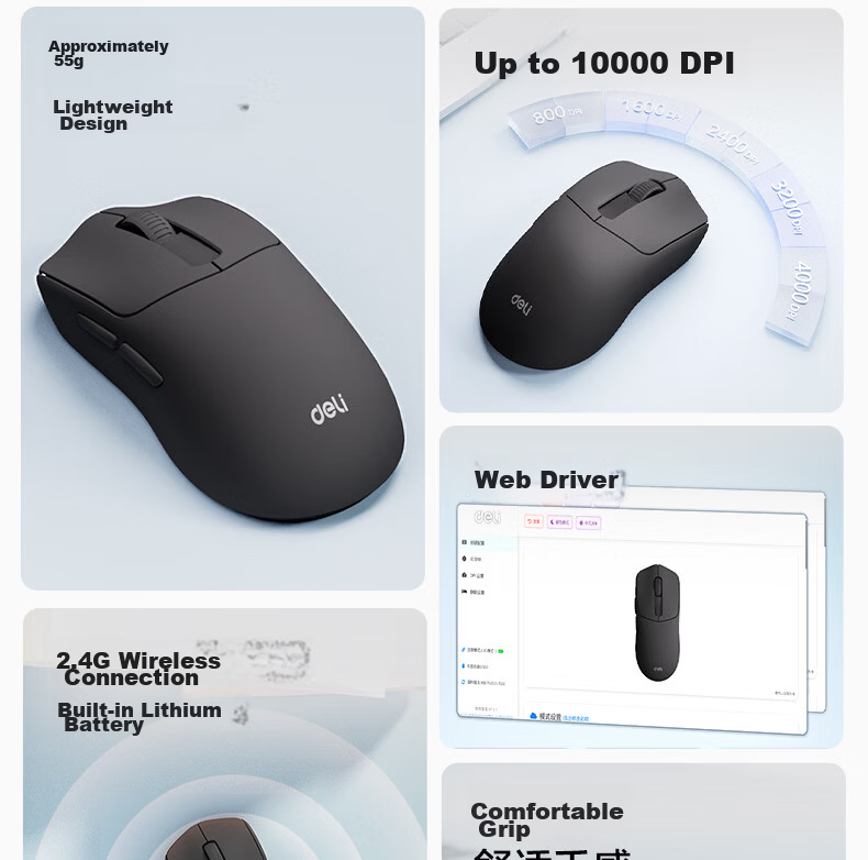 Deli Wireless Mouse Rechargeable Lightweight Ergonomic Portable Office Mouse for Laptop Desktop All-in-One 10000DPI Black LN30 3