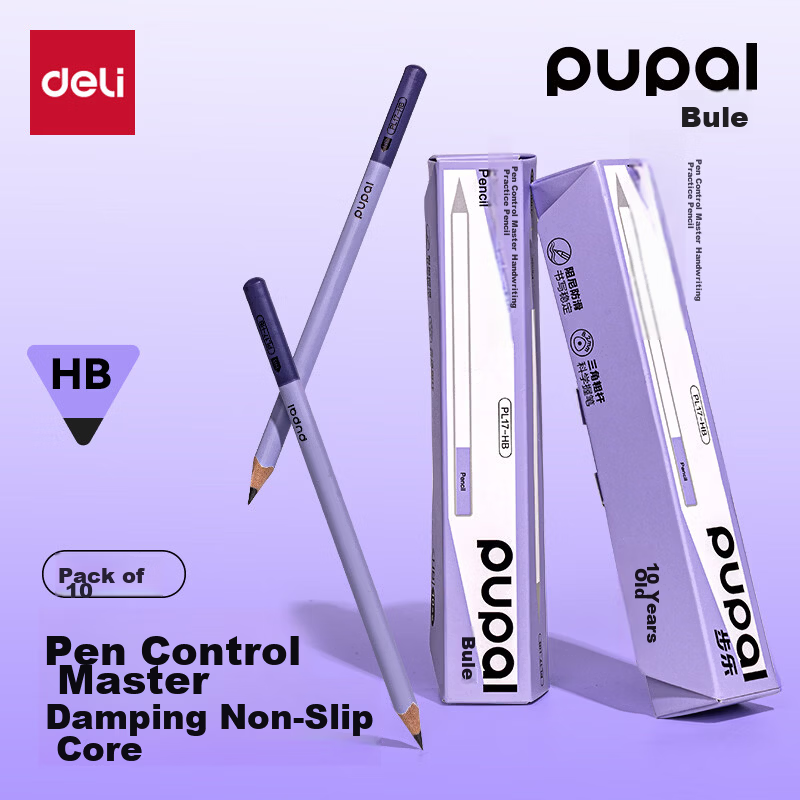 Deli 10-Pack HB Pencil Master Thick Triangular Grip Anti-Slip Student Beginner Writing Practice Graphite Core Purple