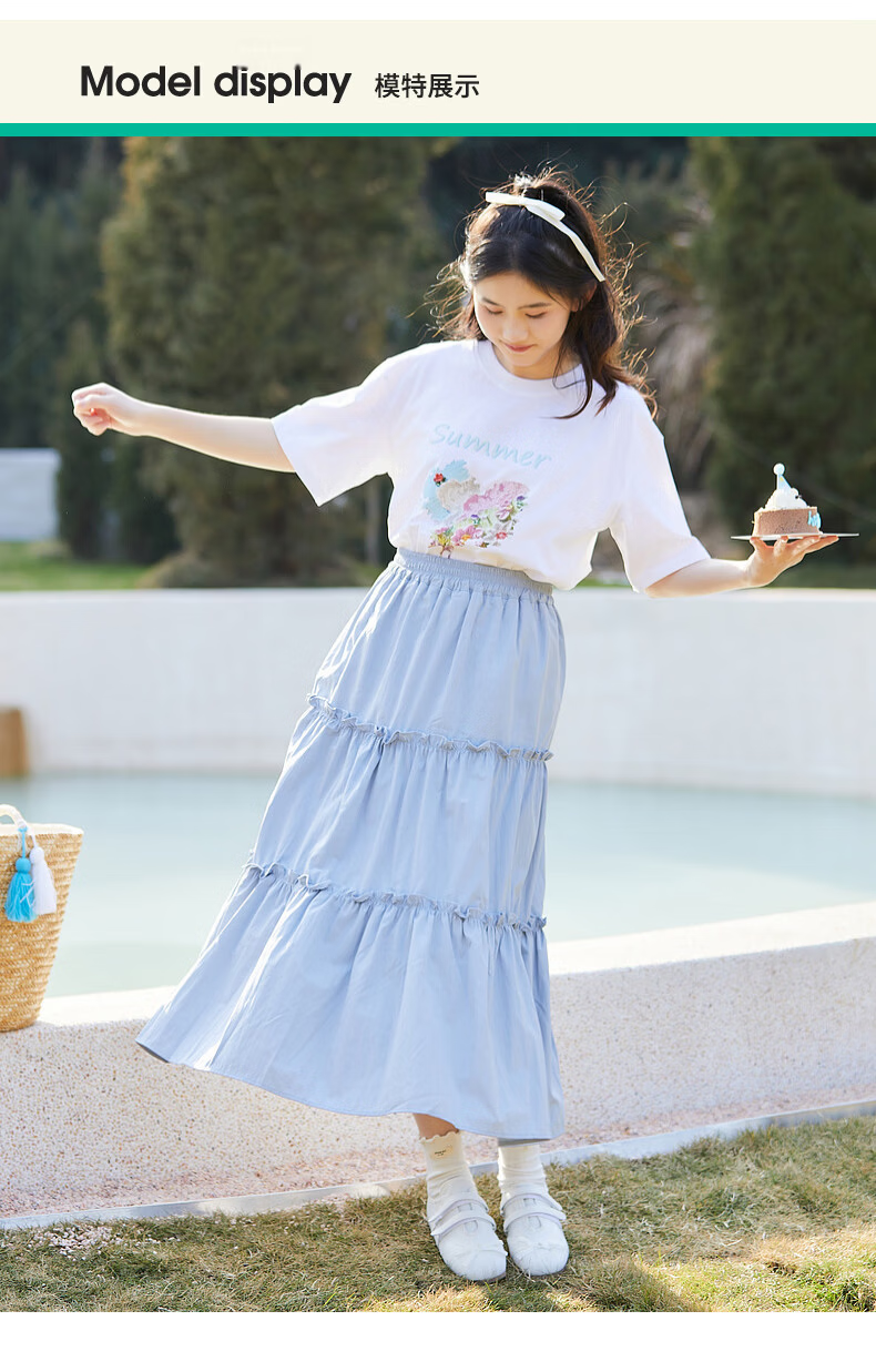 Fulomi Girls' Summer New Fashion Casual Short Sleeve and Skirt Two-Piece Set White/Blue 150cm 10