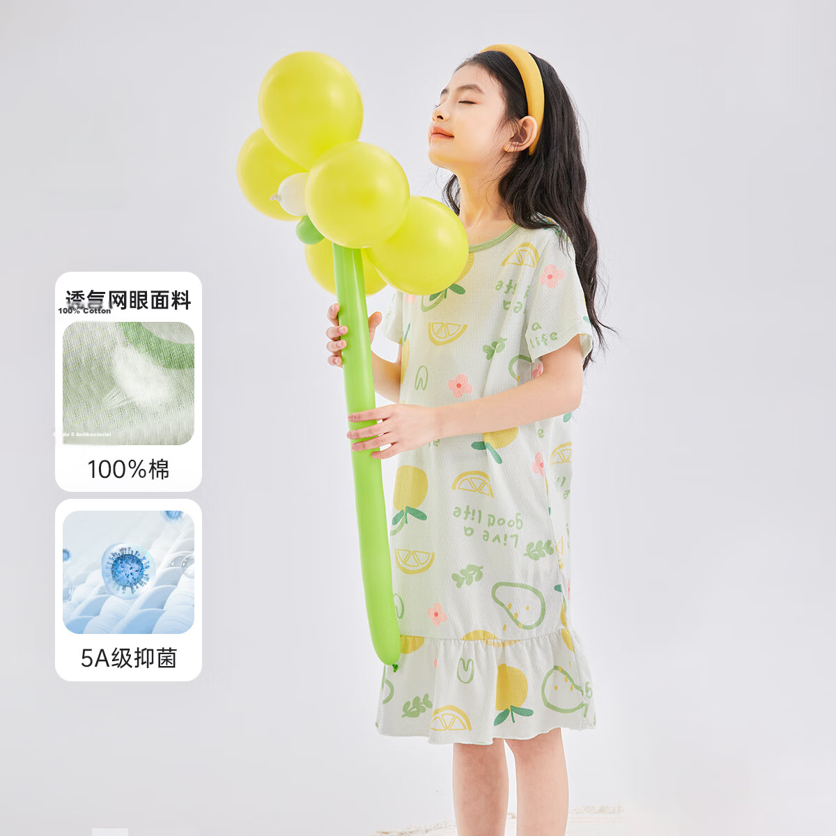 Hodo 【7A Antibacterial Pure Cotton】Girls Lightweight Breathable Mesh Nightdress Toddler Summer Cotton Short Sleeve Home Dress