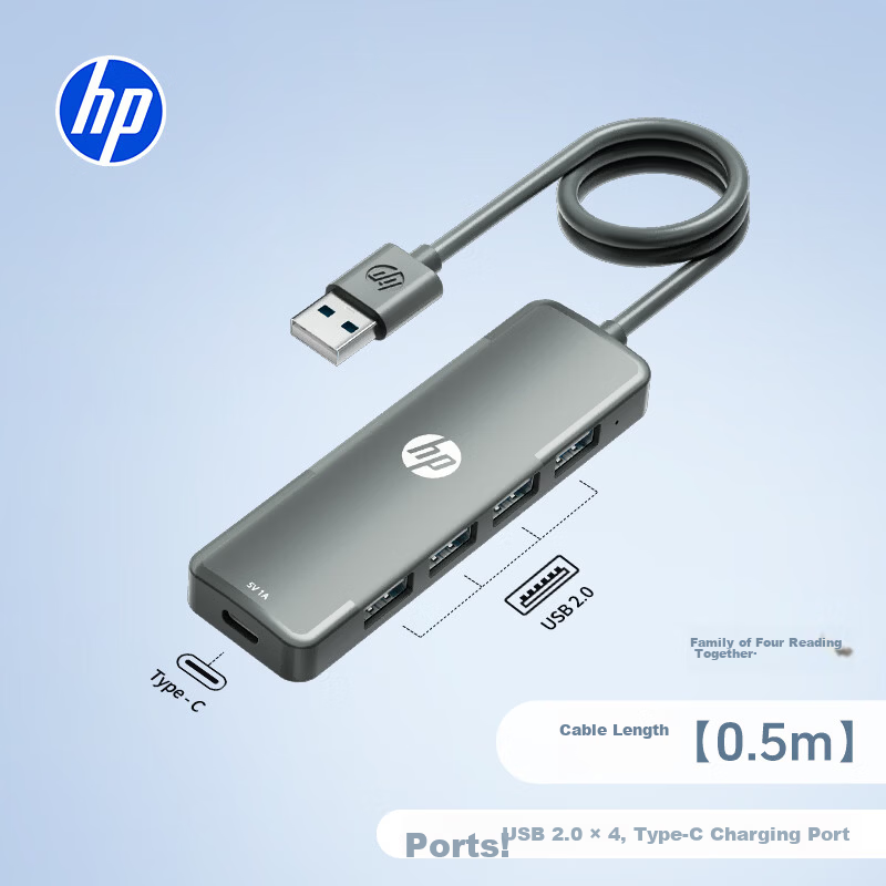 HP USB 2.0 Hub Docking Station Laptop Adapter Converter 1 to 4 Type-C Power Supply 0.5m Gray