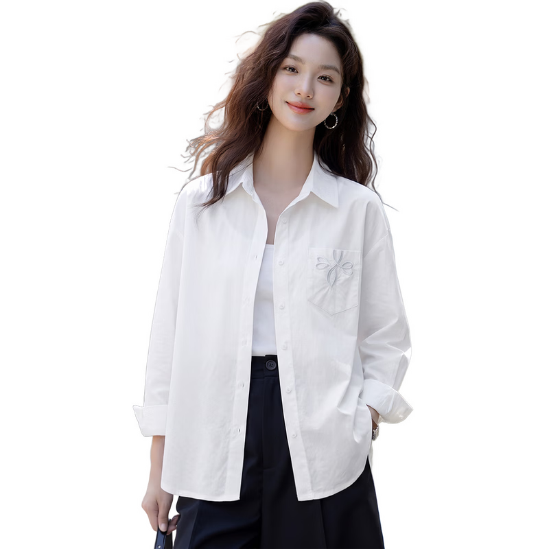 Chushen Women's Spring and Autumn Long Sleeve Shirt Embroidered Pocket Design Loose Simple Commuter Blouse S143C2031