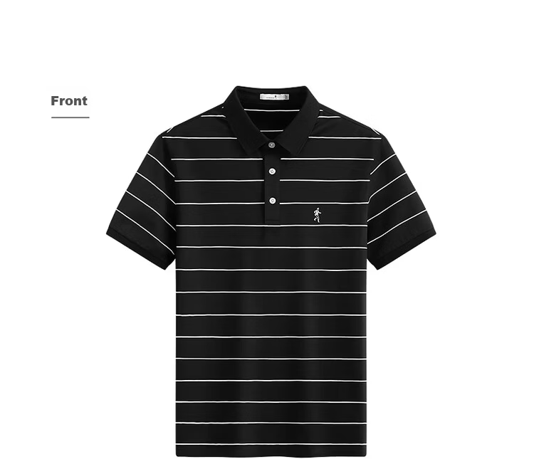 DANCING WOLVES Instant Cooling Mulberry Silk Smooth Striped Short Sleeve Polo Shirt Men's Casual Top 001 Black M 23