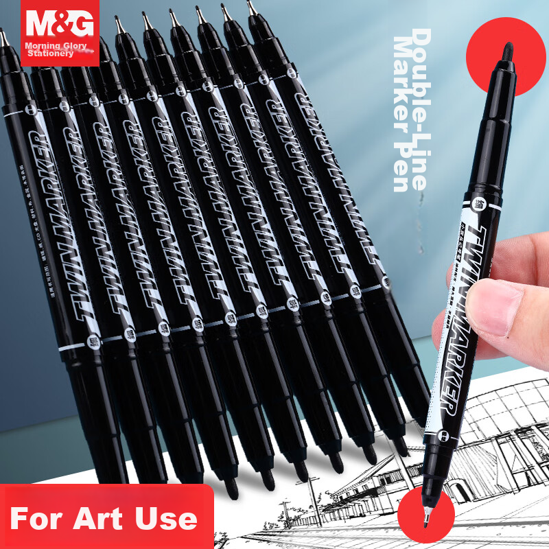 M&G Dual-Ended Marker Pen Oil-Based Quick-Dry Waterproof Odorless Office Drawing Liner Marker Pen XPMV7403 Black 3-Pack