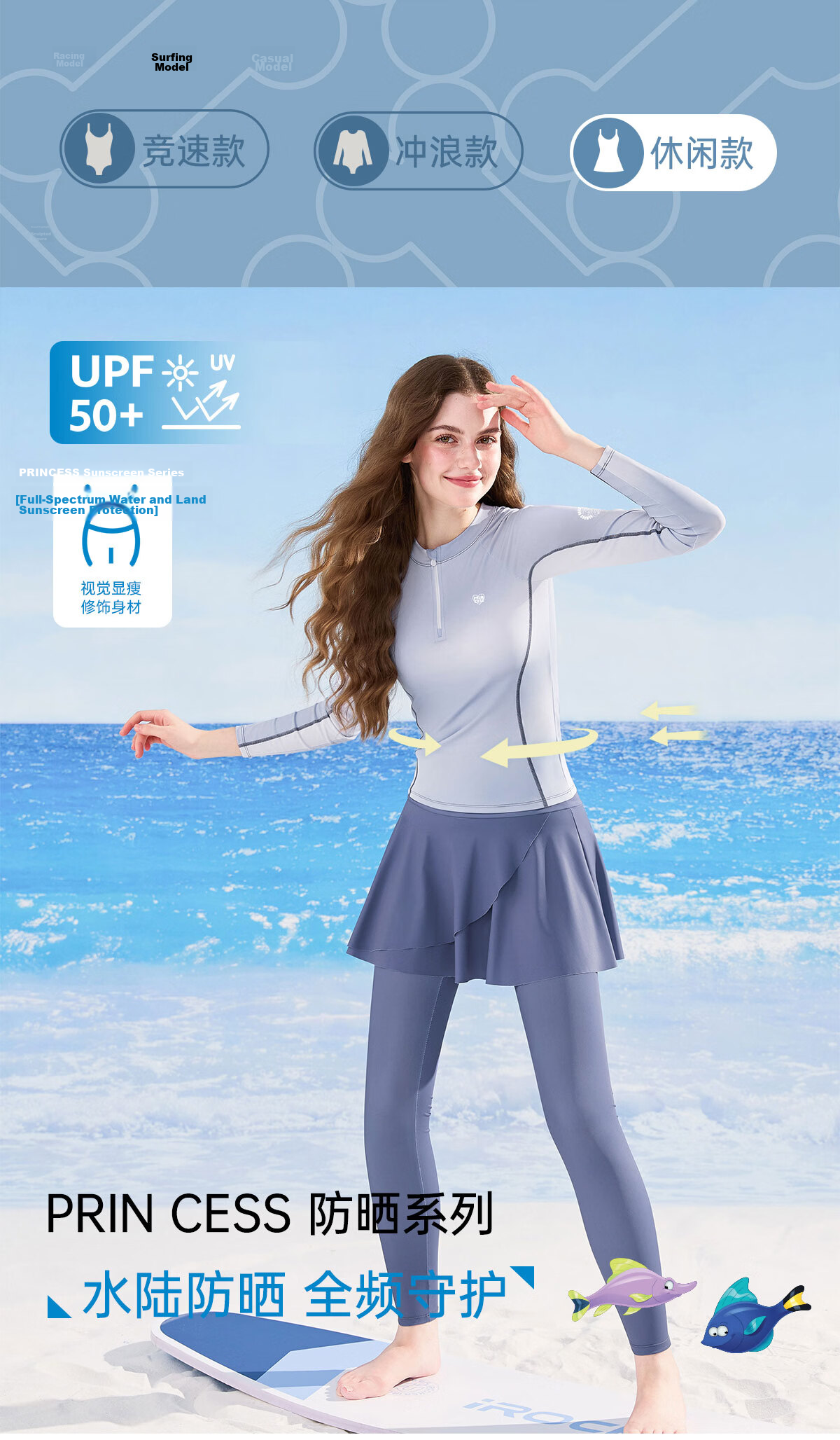 Disney Women's Long Sleeve Long Pants Full Body Sun Protection Surfing Diving Swimsuit Two-Piece D16113S2H Light Blue XL 3