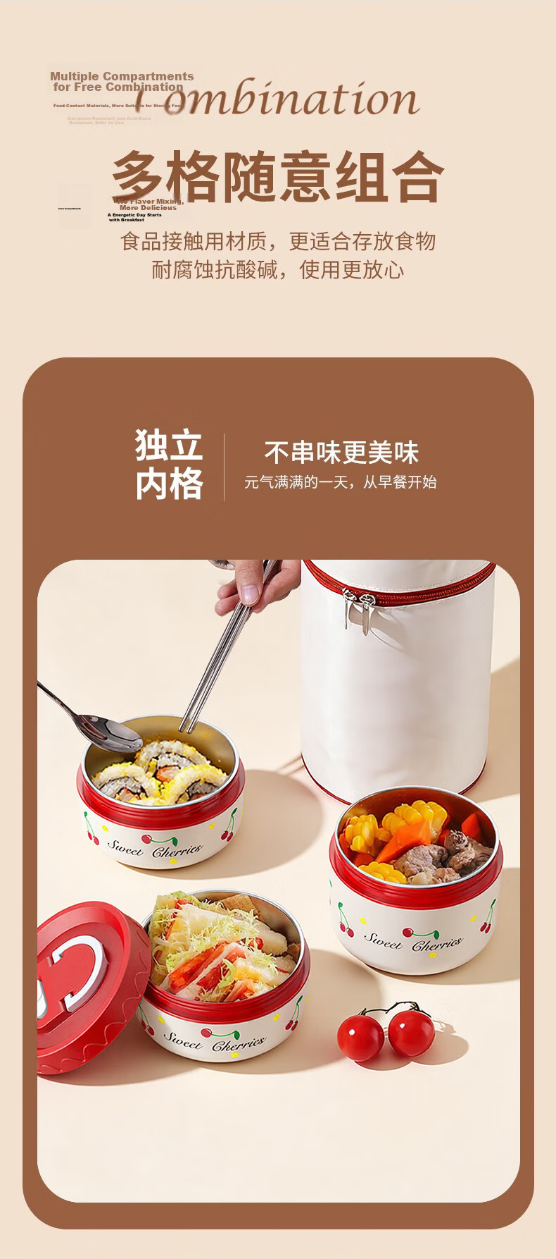 Licheers Stainless Steel Insulated Lunch Box Set Multi-layer Bento Food Container for Office Workers and Kids 6