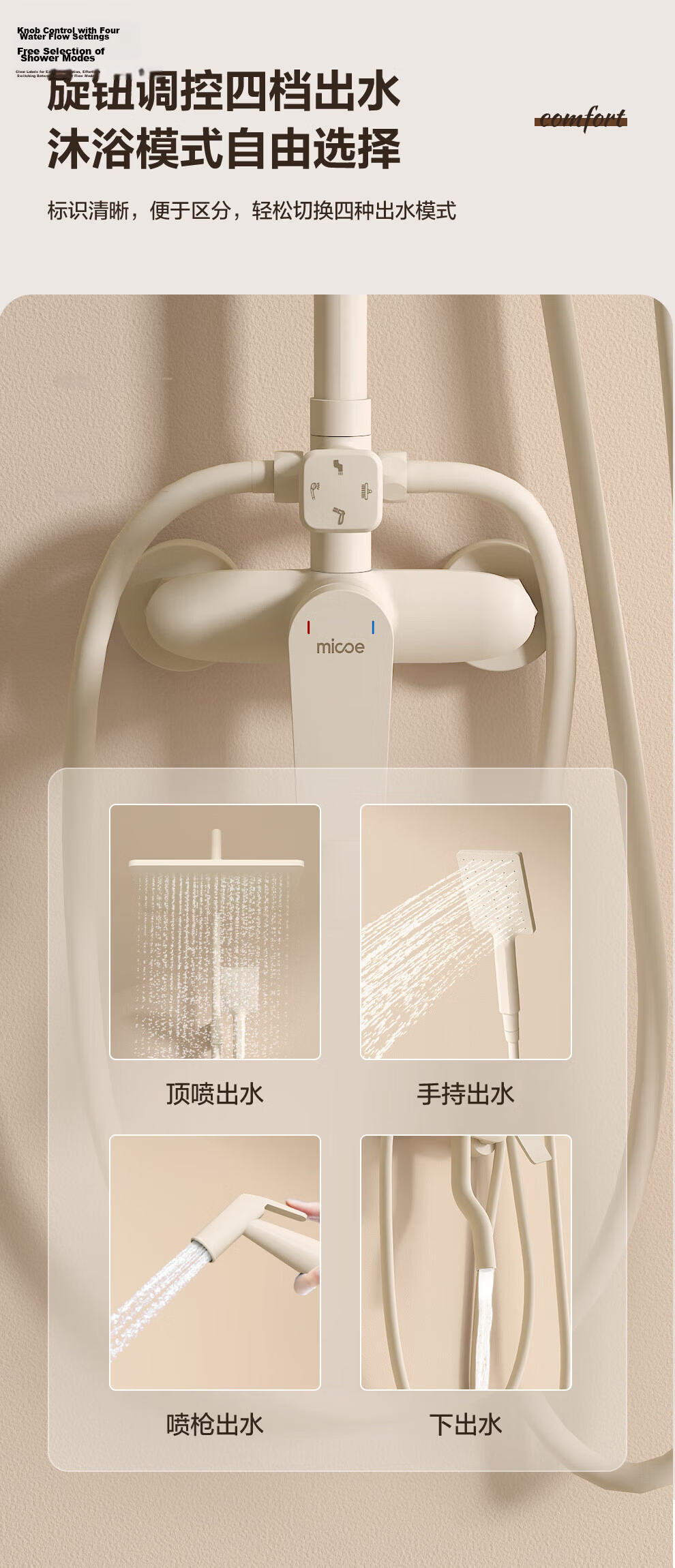 MICOE Shower Head, High-Pressure Shower Head, Fine Copper Rain Shower Device, Cream Wind Four-Function Shower Head A070130 5