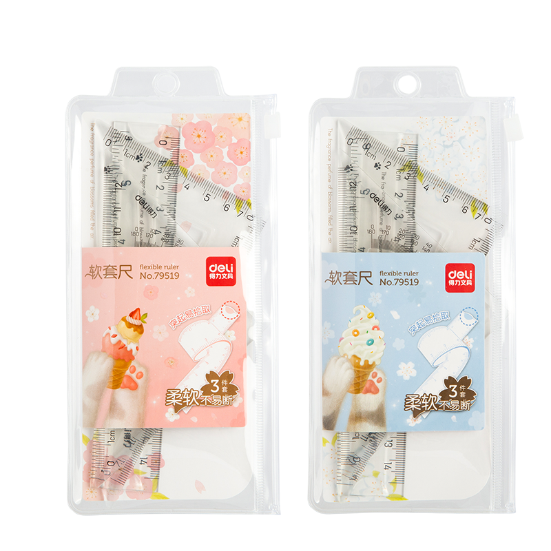 Deli (Deli) 15cm Straight Ruler, Triangle Ruler, Protractor, Postgraduate Entrance Exam, College Entrance Exam Blessing Gift, Middle School Entrance Exam, Flexible Soft Ruler Set, Ruler, Transparent Color, Birthday
