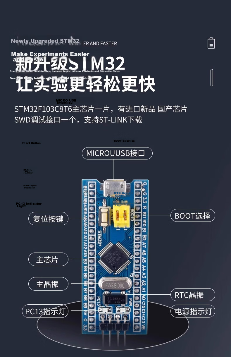 ZAVEST M32F103C8T6 Microcontroller Upward Soldered Pin Header with Wire (Domestic) STM32 Development Board Jiangxie Technology Jiangke STM32 Minimal System Board 4