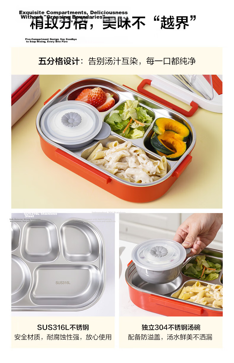 LOCK&LOCK Diamond Pattern Large Capacity Stainless Steel 5-Compartment Lunch Box 1.5L Gray with Free Lunch Bag 7