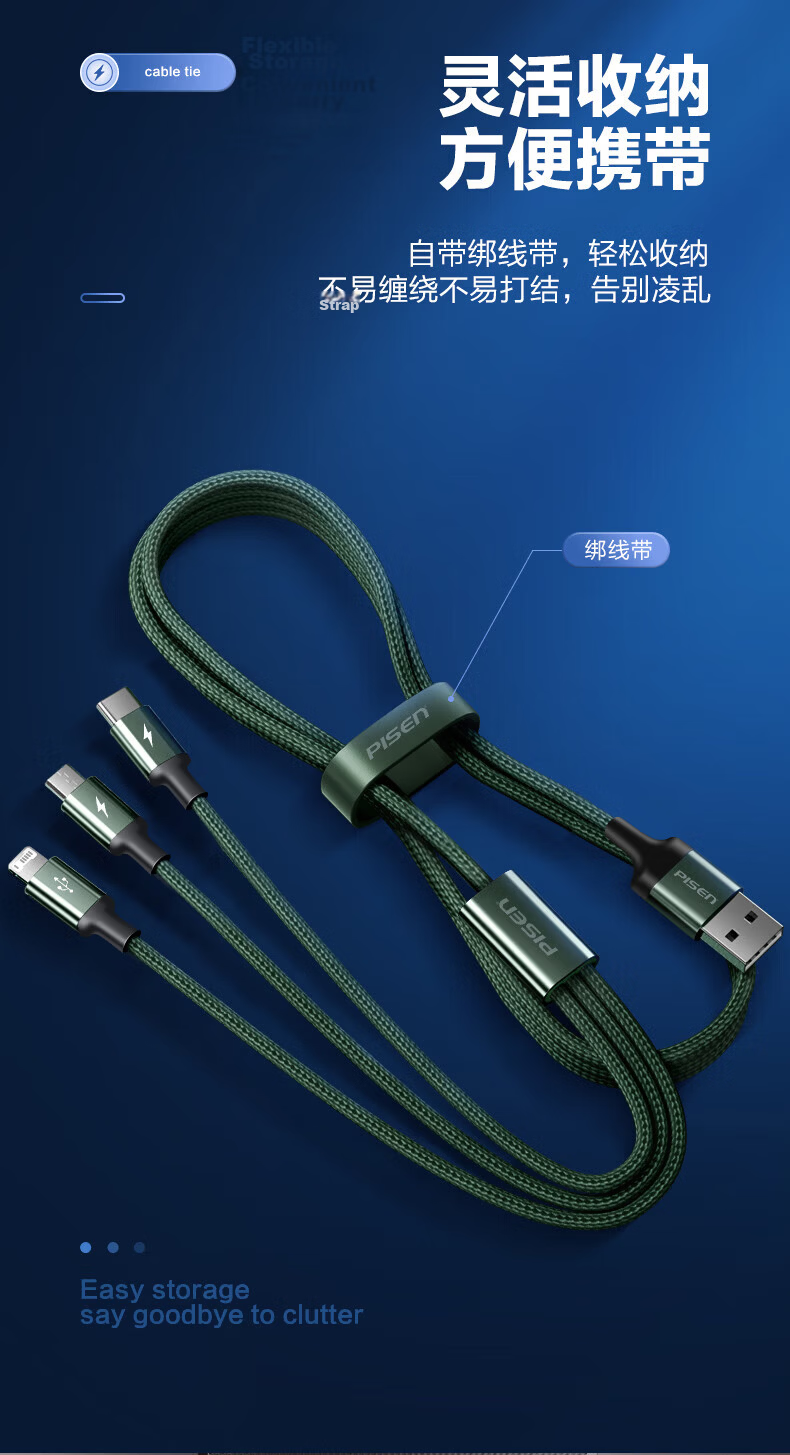 Pisen 3-in-1 Data Cable Apple Type-C Android Car Charger Fast Charging Cable Compatible with iPhone 17/16/14 Xiaomi Oppo Vivo Huawei Mate60/P70 8