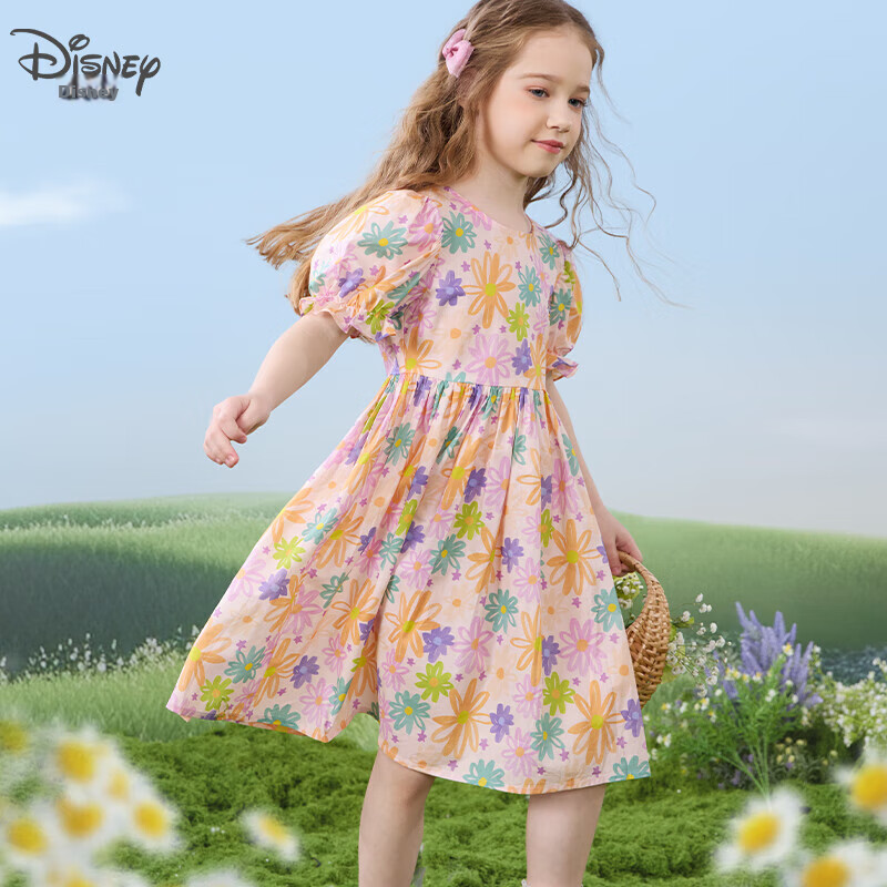 Disney Girls' Dress Children's Summer Cotton Princess Floral Dress Stylish Kidswear 2DQ040 Blue Size 160