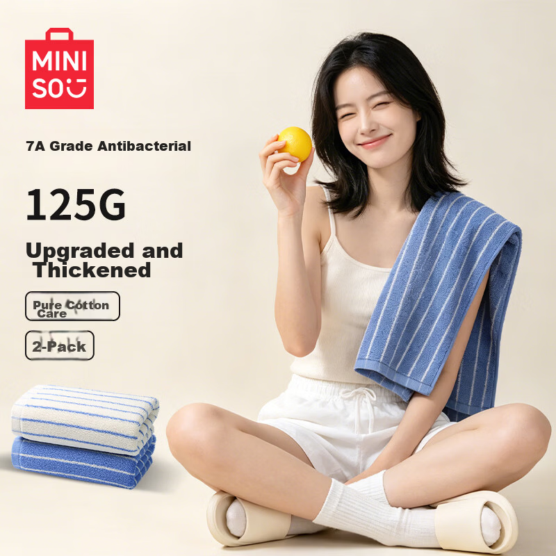 MINISO Cotton Face Towel Soft Absorbent Antibacterial Home Use Adult Blue+White Blue