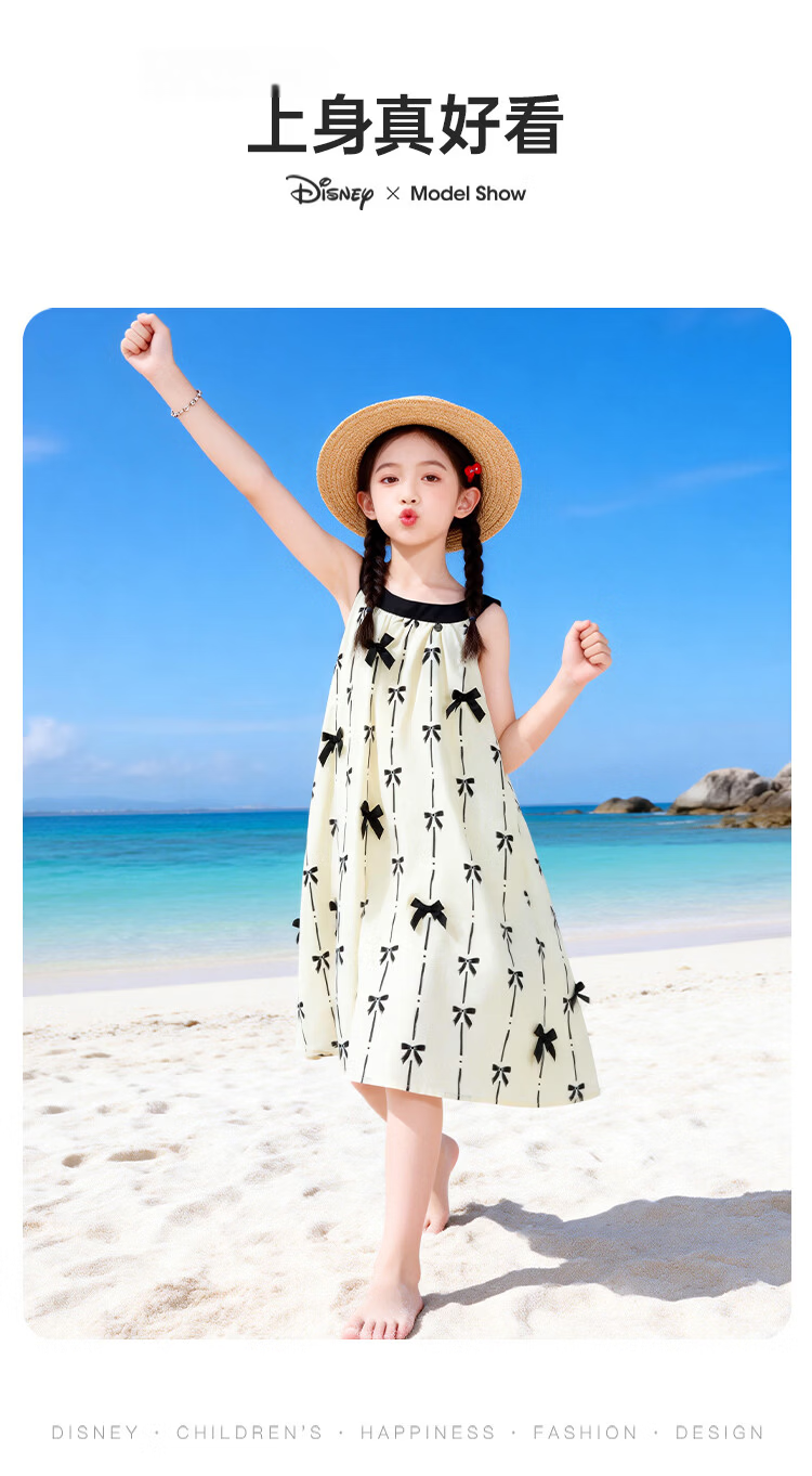 Disney Girls' Bowknot Strap Dress Summer Cotton Vacation Style Sleeveless A-Line Dress for Big Kids 120 12