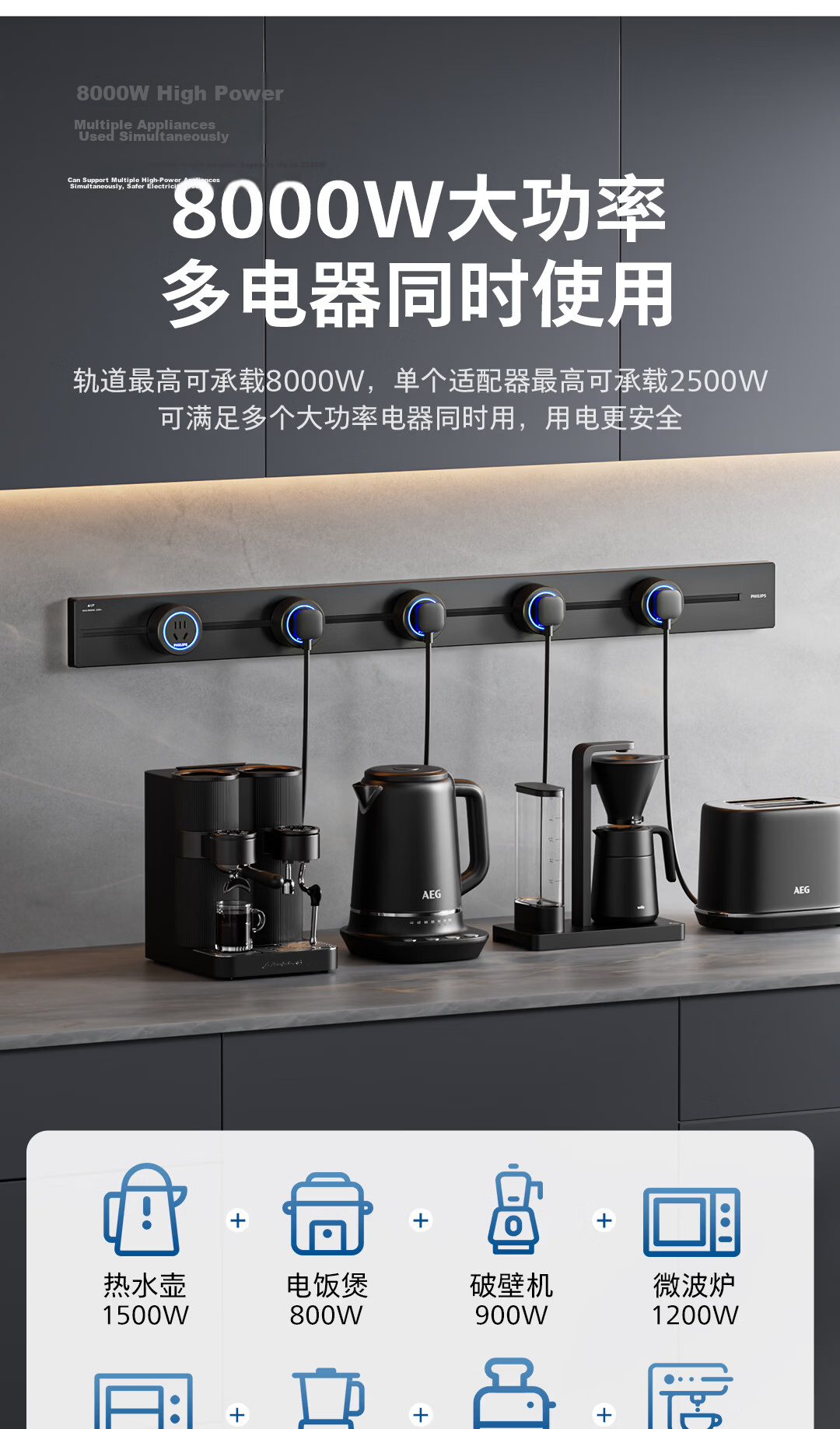 PHILIPS Surface Mounted Track Socket Switch Panel Ambient Light Aluminum Alloy Slot-Free Wall-Mounted Movable Rail Power Strip 100cm + 5 Adapters for Sideboard Guide Rail Power Strip 6