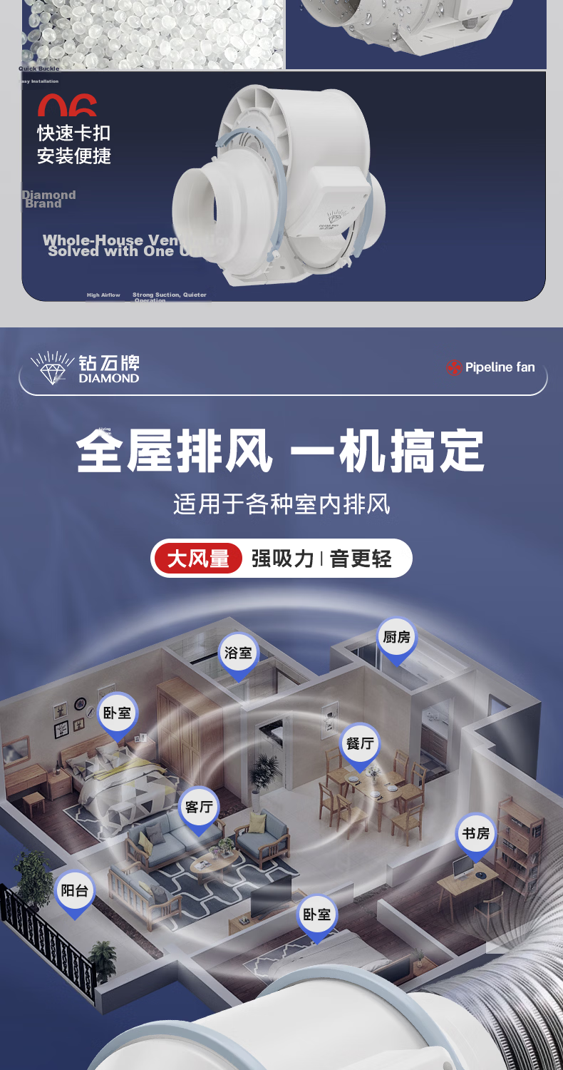DIAMOND 8-Inch Dual-Speed Remote Control Duct Fan Exhaust Fan Quiet Industrial Axial Flow Booster Kitchen Bathroom Powerful Ventilation Extractor 3