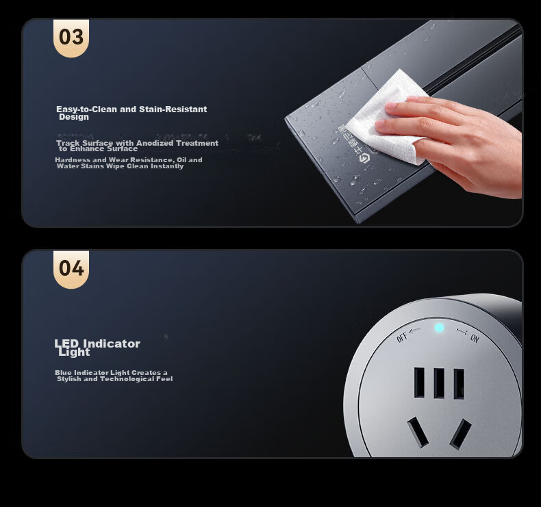 Newton's Law Quantum Track Socket Movable Wall Socket No-Drill Wall-Mounted Sliding Track Power Strip 8000W High Power 50cm Track + 4 Adapters 15
