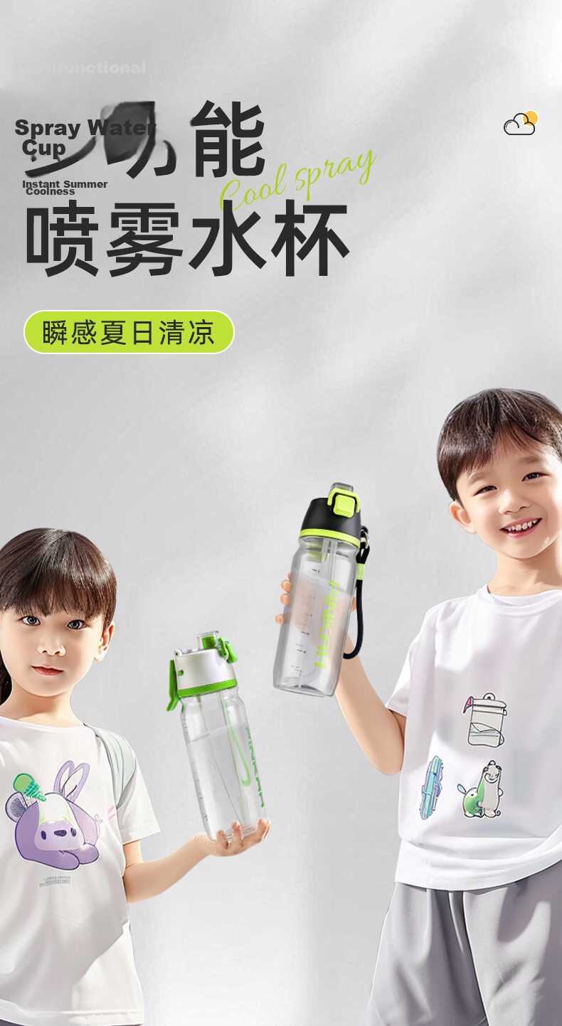 Cica Sports Spray Water Bottle for Children Ages 6-12, Large Capacity Tritan Summer Water Cup 2