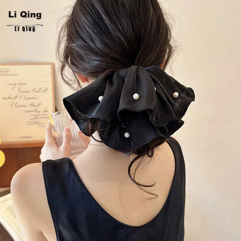 LiQing Four-Layer Lace Pearl Hair Tie [Black Large] Sweet Big Scrunchie Hollow Out Hair Accessory
