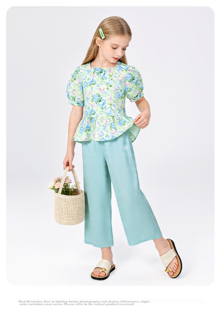 Disney Girls' Short Sleeve T-Shirt Set Summer Floral Cotton Top Two-Piece Light Blue 110 18