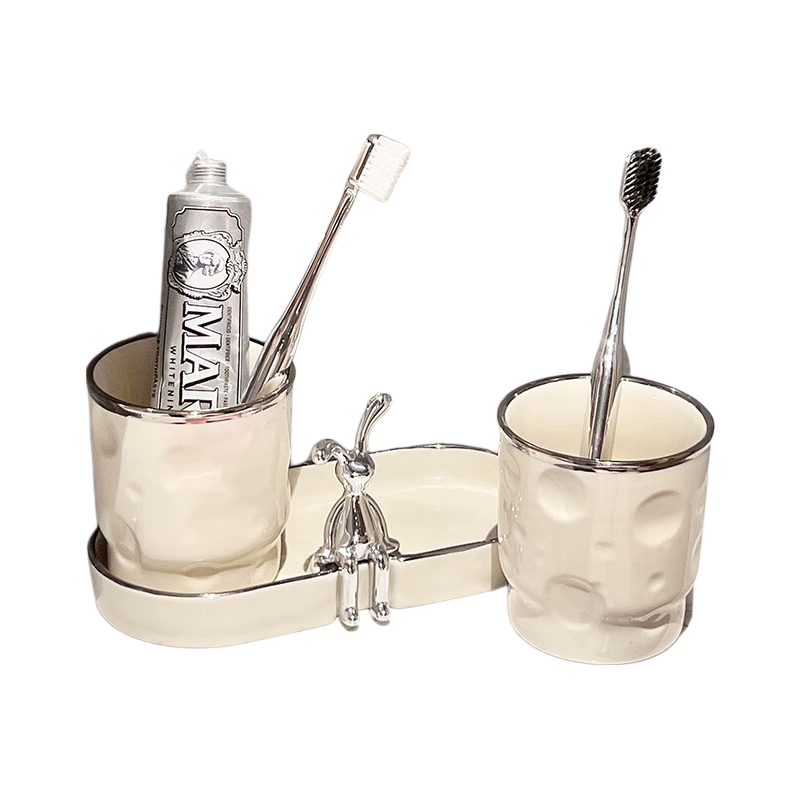 Fanyejia High-Value Couple's Mouthwash Cup Set of Three, Toothbrush Cup, Tooth Mug, Premium Ceramic Cups, Washing Cup for Home Use, Cream Style