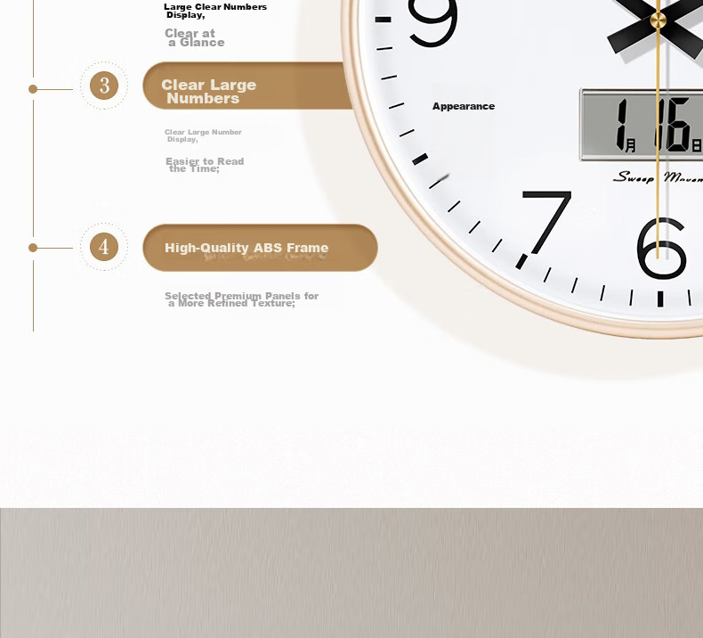 POLARIS Wall Clock Living Room Home Fashion Silent Clock No Drilling Wall Mount Simple Quartz Electronic Clock 35cm Gold 10