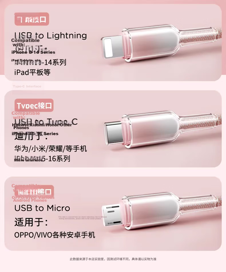Beimo 3-in-1 Fast Charging Cable 120W Ice Crystal Multi-Charger Cable for iPhone Apple Type-C Huawei Xiaomi Car Charger 1.2m 4