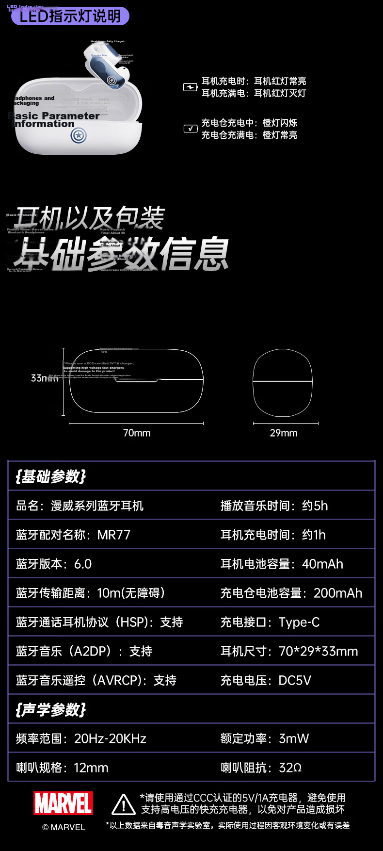 Disney Marvel Bluetooth Clip-On Bone Conduction Wireless Earphones Comfortable Long-Lasting High-Quality Sound Birthday Gift for Apple Huawei MR77 Captain America 13