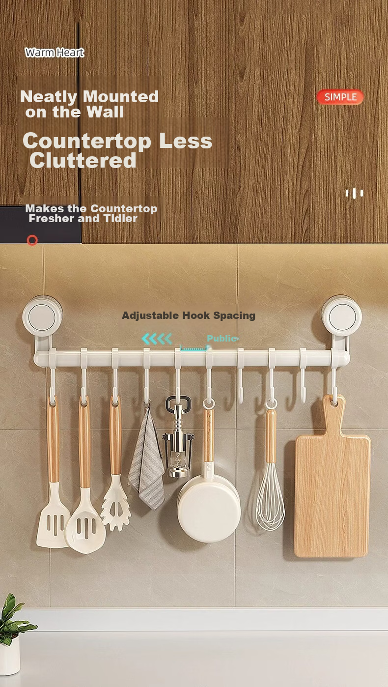 MUYA Kitchen Suction Cup Hook No Drilling Spatula Ladle Rack Wall-Mounted Sliding Rail Rod Cabinet Storage Organizer 4