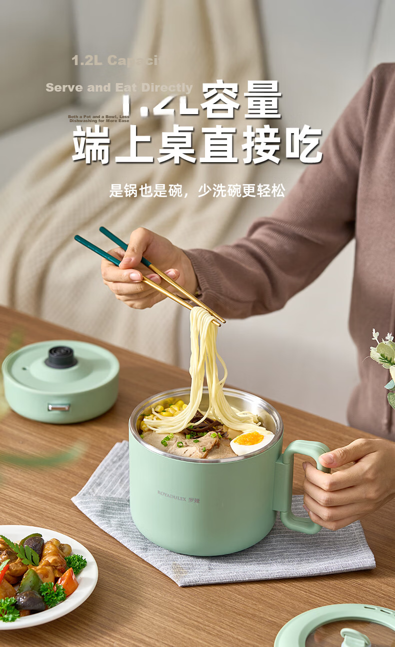 ROYALTY LINE Portable Electric Cooking Pot Foldable 304 Stainless Steel Travel Pot 1.2L Dormitory Split Multifunctional Small Electric Cooker for 1-2 People White with Steaming Rack 14