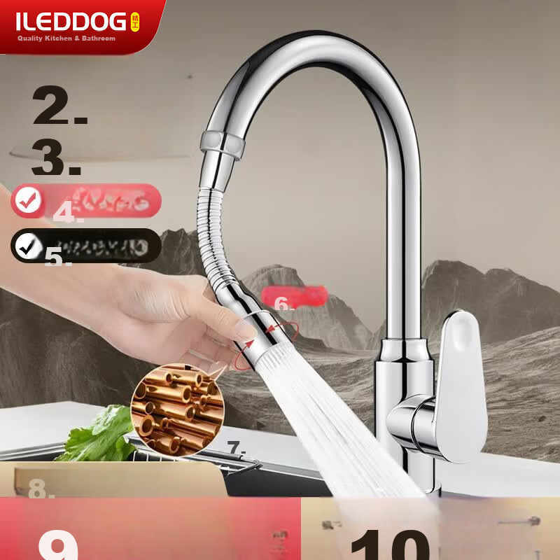 ILEDDOG [Seiko] Faucet Extender Splash-Proof All-Copper Kitchen Swivel Water Saver Aerator