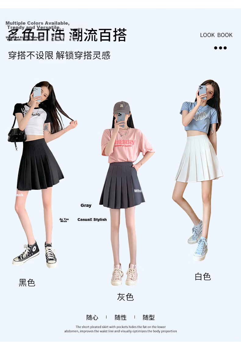 Langsha Pleated Half Skirt for Women Spring Summer Elastic Waist High Waist Slimming JK School Style A-Line Short Skirt with Pockets 11