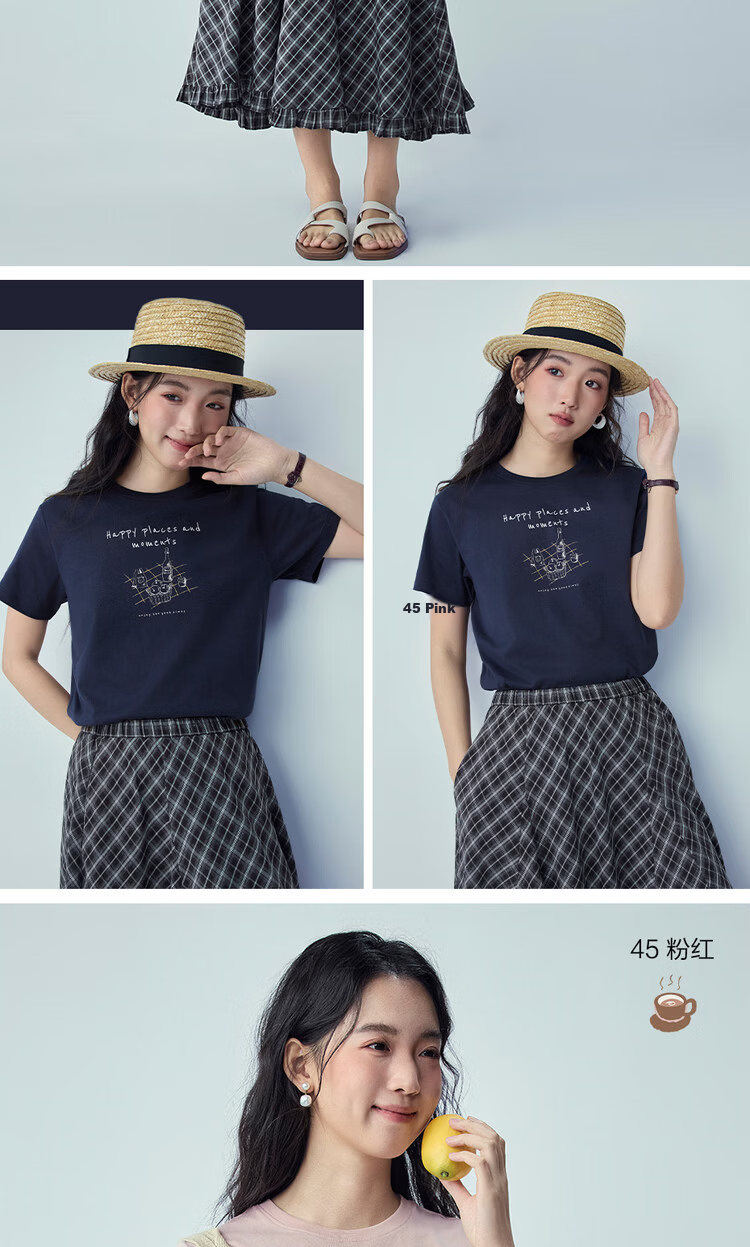 Giordano Women's Short Sleeve T-Shirt New Pure Cotton Afternoon Tea Theme Printed Crew Neck Top 13396304 15