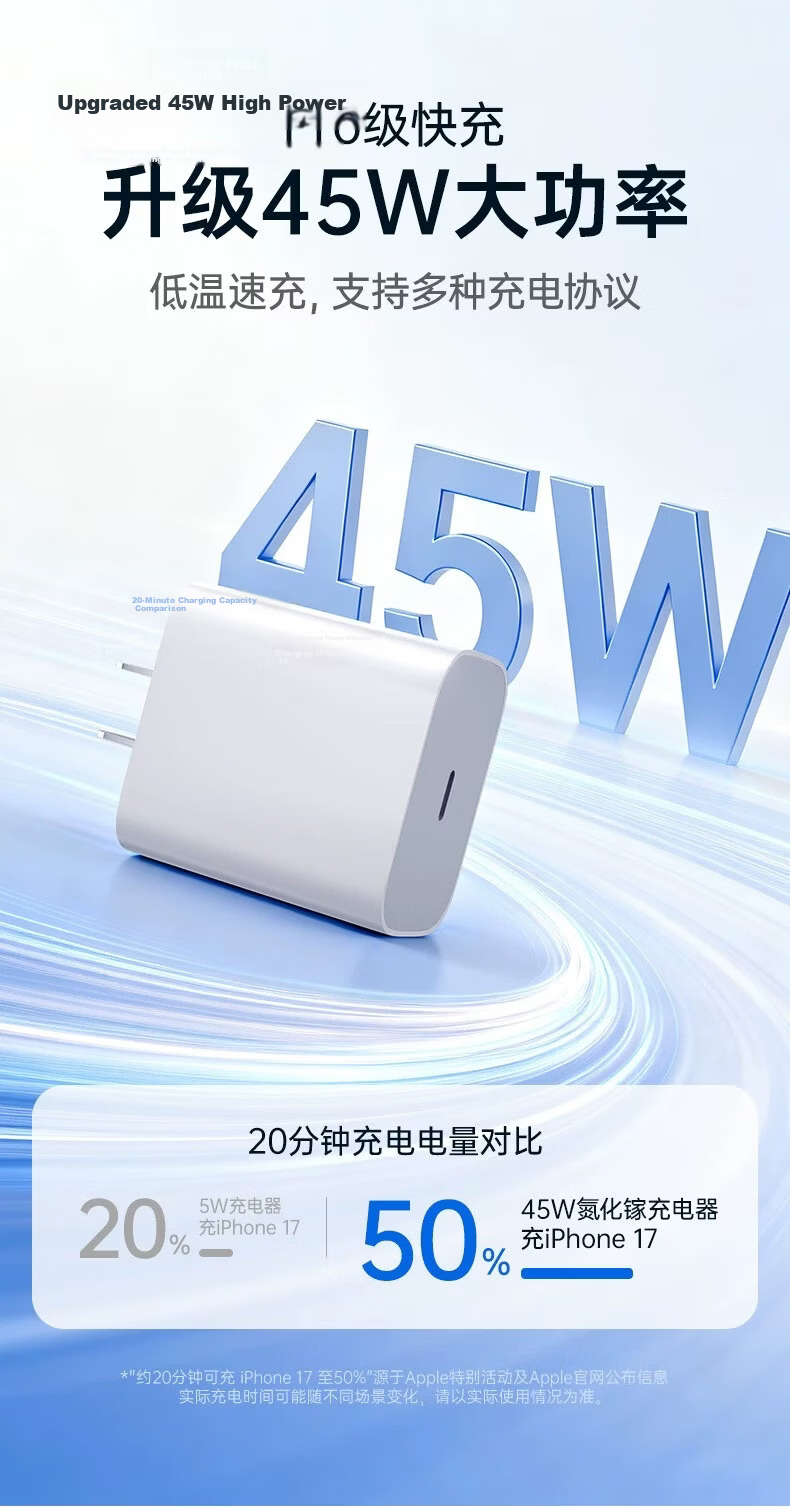 JOWOYE DJI Apple Charger Huawei 45W Fast Charging Kit for Xueersi BBK Learning Machine iPhone 17 iPad Pro Honor Phone Type-C 2M Data Cable Plug 3